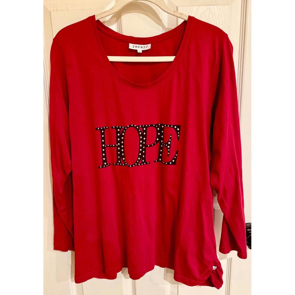 Zhenzi Long Sleeve Cherry Red "HOPE" Tunic Large